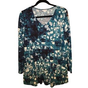 J.Jill Pure Jill Teal Geo Long Sleeve V-Neck Pocket Tunic Size XL